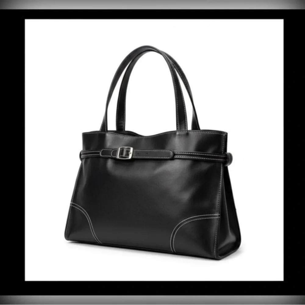 Black Top Handle Bag with White Stitching